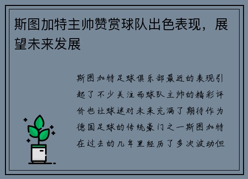 斯图加特主帅赞赏球队出色表现，展望未来发展