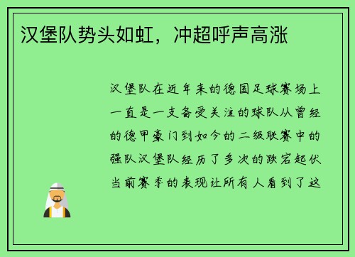汉堡队势头如虹，冲超呼声高涨