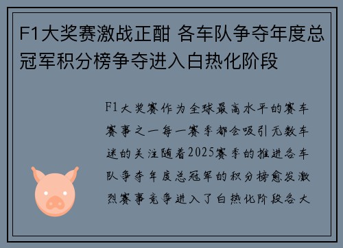 F1大奖赛激战正酣 各车队争夺年度总冠军积分榜争夺进入白热化阶段