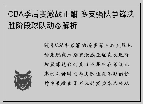 CBA季后赛激战正酣 多支强队争锋决胜阶段球队动态解析